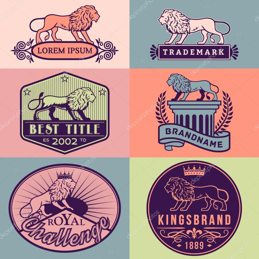 Set of vector labels with main lion design theme. Logo templates,badges,emblems,signs color graphic collection. Product promotion and advertising symbols isolated on color background