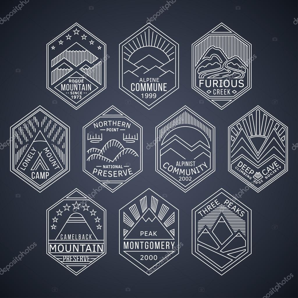 Set of alpinist and mountain climbing outdoor activity vector white linear labels.Logotype templates and badges with mountains,peaks,creeks,trees,sun,tent.National parks and nature exploration symbols