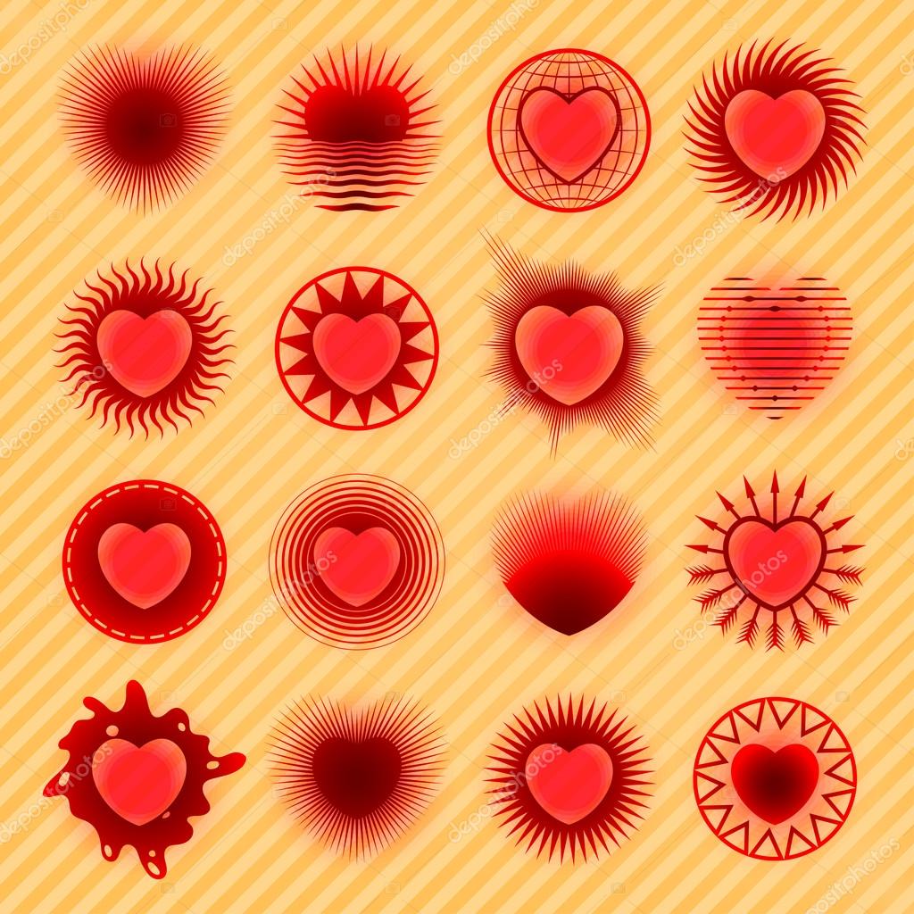 Set of various design hearts vector symbols, icons and emblems isolated on yellow background. Festive collection for wedding, Saint Valentines Day and web decoration