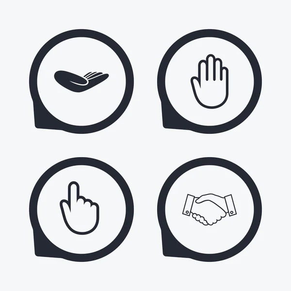 Iconos de mano. apretón de manos y haga clic aquí símbolos . — Vector de stock