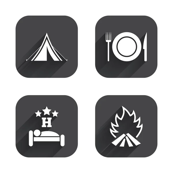 Food, sleep, camping tent and fire — Stock Vector