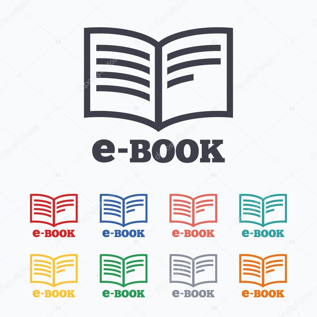 E-Book sign icon. Electronic book symbol. Ebook reader device. Colored flat icons on white background.