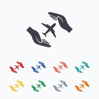 Uçuş sigorta işareti. Eller kapak uçak korumak