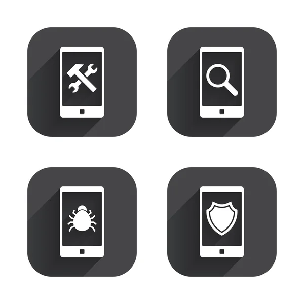 Ícones de smartphones. Proteção de escudo, reparação, bug — Vetor de Stock