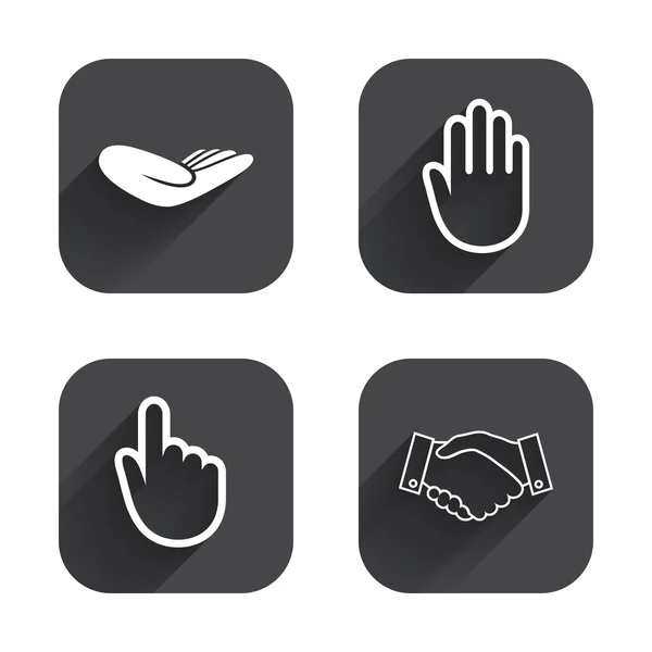 Iconos de mano. apretón de manos y haga clic aquí símbolos . — Vector de stock