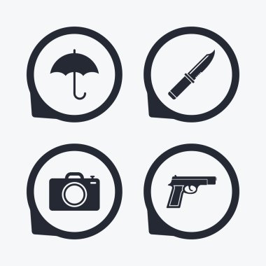 Bıçak, şemsiye ve fotoğraf fotoğraf makinesi.