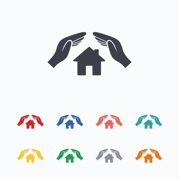 Icône de signe d'assurance maison. Mains protègent la couverture . — Image vectorielle