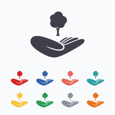 Orman işareti kaydedin. Ağaç sembolü el tutar