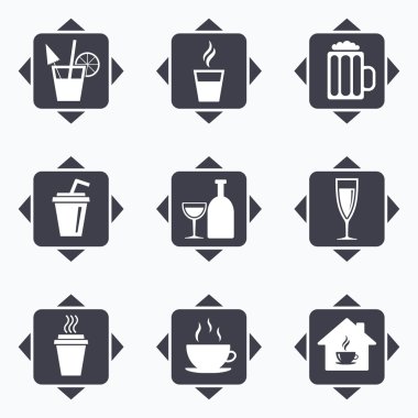 Çay, kahve ve bira simgeler. Alkollü içecekler.
