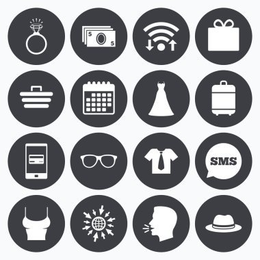 Aksesuarları, giyim simgeler. Alışveriş işaretleri.