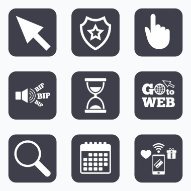 Fare imleci simgesi. Kum saati, büyüteç cam.