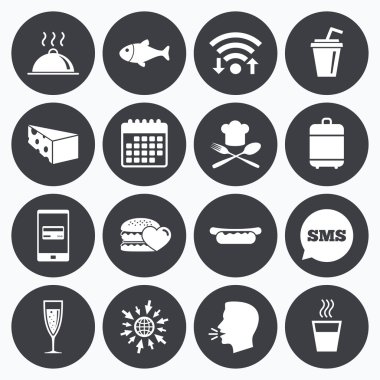 Yiyecek, içecek simgeler. Alkol, Balık ve burger.