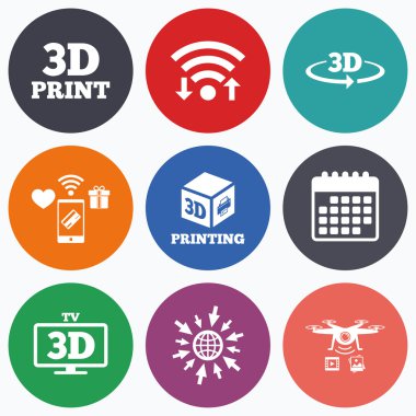 3D teknoloji simgeleri. Yazıcı, rotasyon ok.