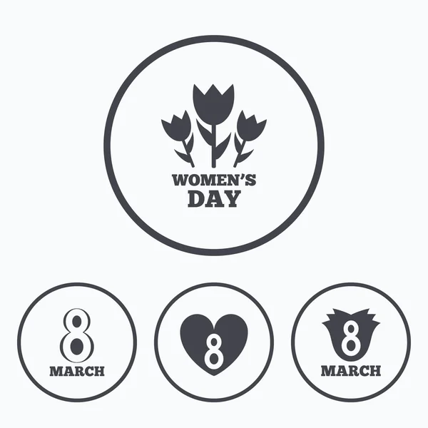 8 March Women's Day icons. Flower, heart symbols — Stock Vector