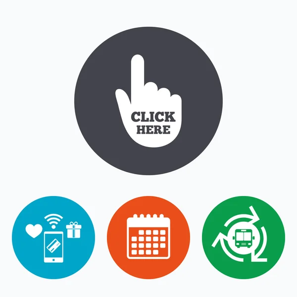 Clique aqui ícone de sinal de mão. Botão de imprensa . —  Vetores de Stock