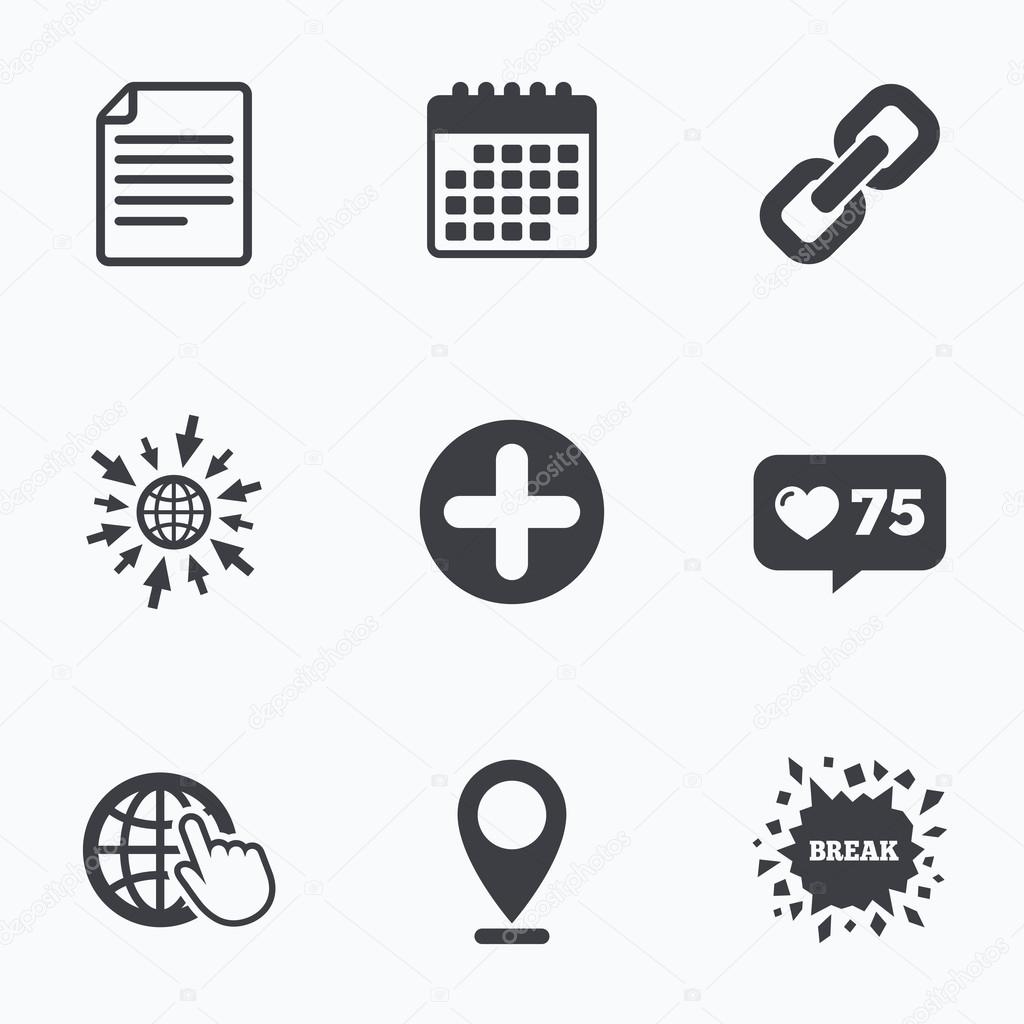 Plus circle and hyperlink signs file globe stock vector by