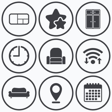 Mobilya simgeler. Kanepe, dolap ve kitap raf.