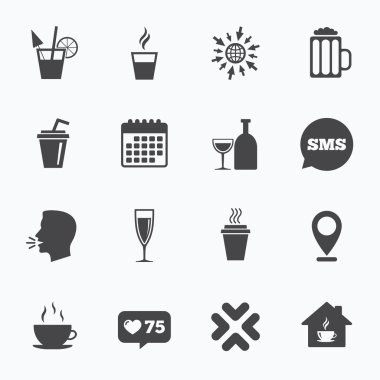 Çay, kahve ve bira simgeler. Alkollü içecekler.