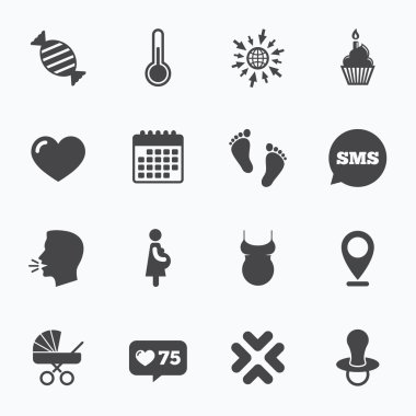 Gebelik, doğum ve bebek bakım simgeleri.