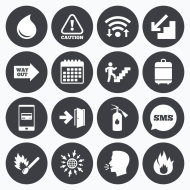 Güvenlik, acil durum simgeleri ateş. Yangın söndürücüyü işareti.