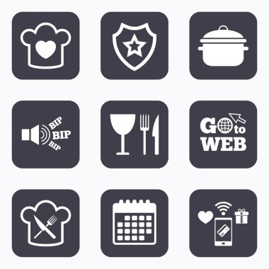 Şef şapka, pişirme Pan simgeler. Çatal ve bıçak.