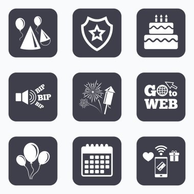 pasta, balon, şapka ve havai fişek