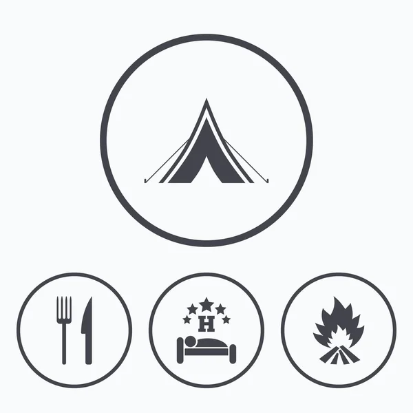 Nourriture, sommeil, tente de camping et feu — Image vectorielle