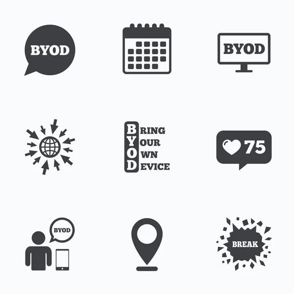 Signos de BYOD. Humano con portátil y smartphone . — Vector de stock