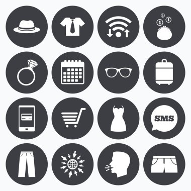 Kıyafetler, aksesuarlar simgeler. Alışveriş işaretleri.