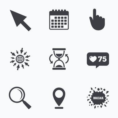 Fare imleci simgesi. Kum saati, büyüteç cam.