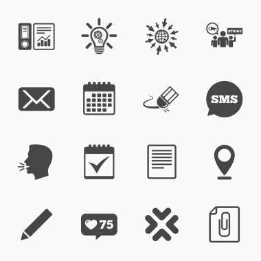 Office, belgeler ve iş simgeleri.