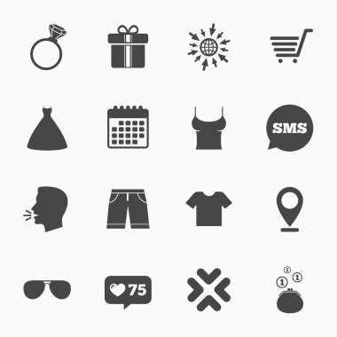 Kıyafetler, aksesuarlar simgeler. Alışveriş işaretleri.