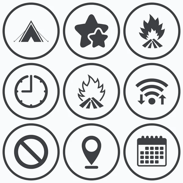 Tourist camping tent sign. Fire flame icons. — Stock Vector