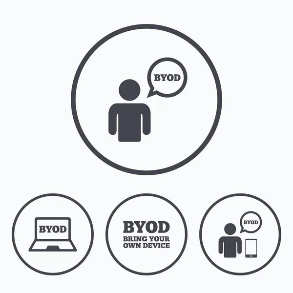 Byod 迹象。人类与笔记本和智能手机. — 图库矢量图片