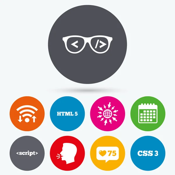 Programmer coder glasses. HTML markup language. — Stock Vector