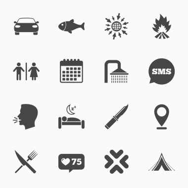 Yürüyüş seyahat simgeler. Kamp, duş ve tuvalet.