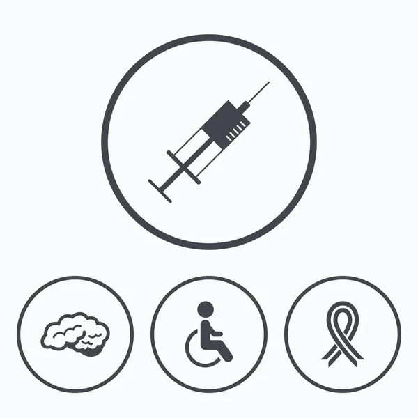 Ícones de medicina. Seringa, deficiente, cérebro . — Vetor de Stock