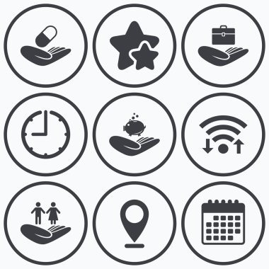 Yardım simgeleri eller. Koruma ve sigorta.