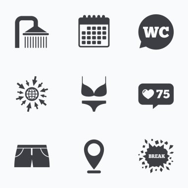 Yüzme Havuzu simgeler. Duş ve mayo işaretleri.