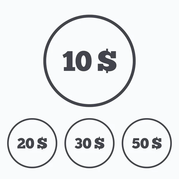L'argent en dollars icônes. Dix, vingt, cinquante dollars . — Image vectorielle