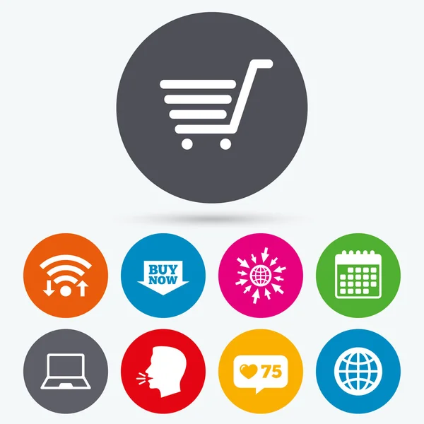 Iconos de compras en línea. PC portátil, carrito, comprar . — Vector de stock