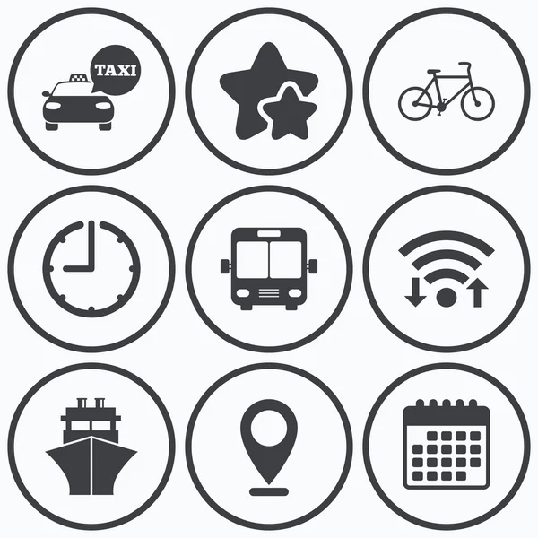 Iconos de transporte. Taxi, Bicicleta, Autobús y Barco — Vector de stock