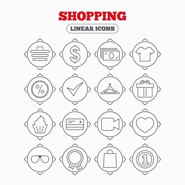 Iconos de compras. Camisa, caja regalo y moneda . — Vector de stock