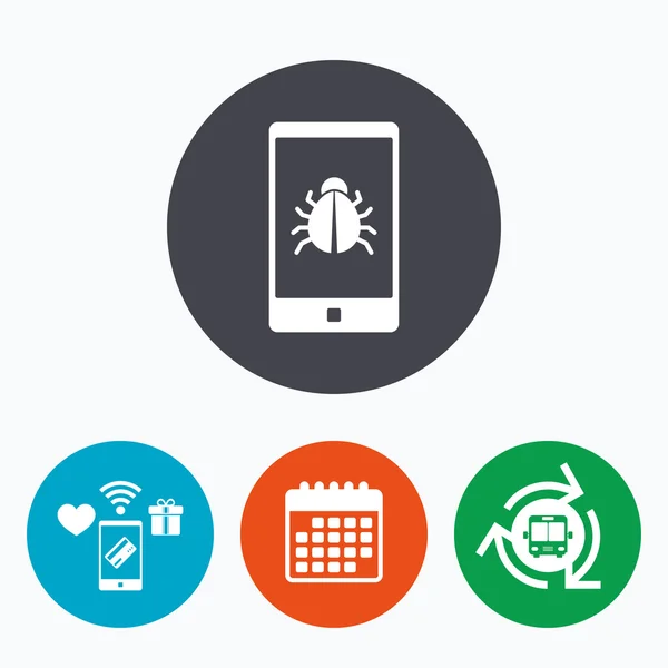 Smartphone virus teken pictogram. software bug symbool. — Stockvector