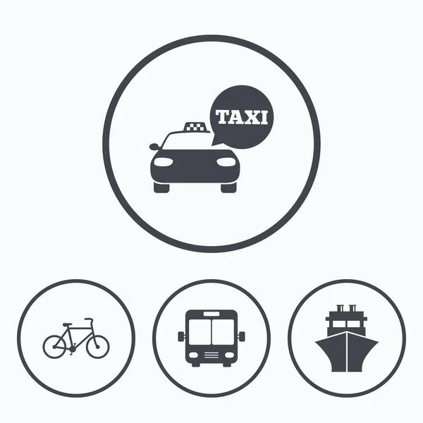 De pictogrammen van het vervoer. Taxi auto, fiets, Bus en schip — Stockvector