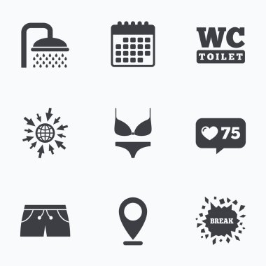 Yüzme Havuzu simgeler. Duş ve mayo işaretleri.