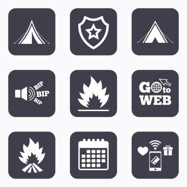 Turist kamp çadır işaretler. Yangın alev simgeler.