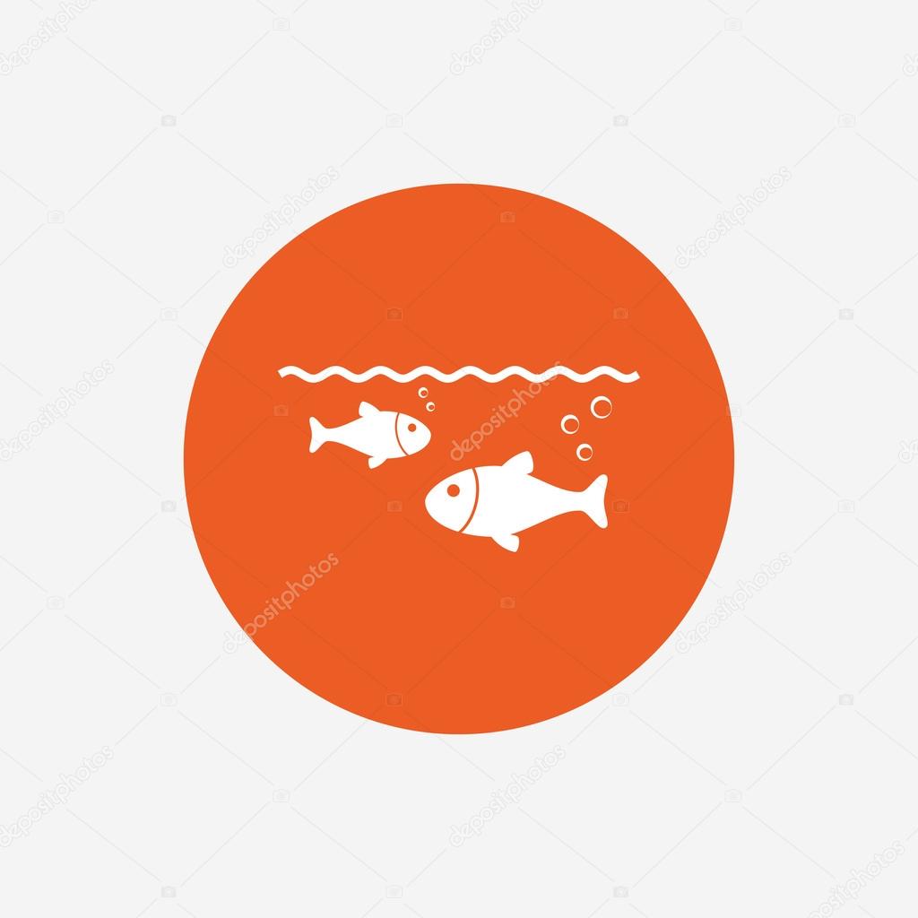Fish in water sign icon. Fishing symbol. Orange circle button with icon. Vector