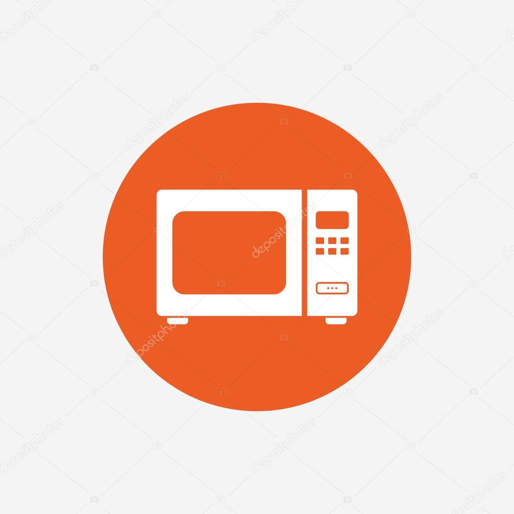 Microwave oven sign icon. Kitchen electric stove symbol. Orange circle button with icon. Vector