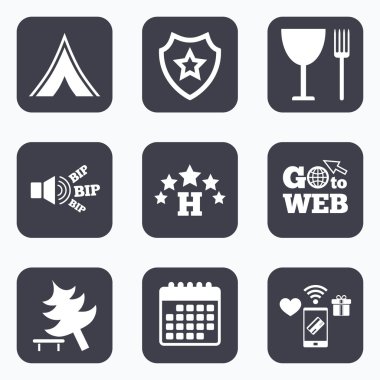 Gıda, otel, kamp çadır ve ağaç işaretleri.